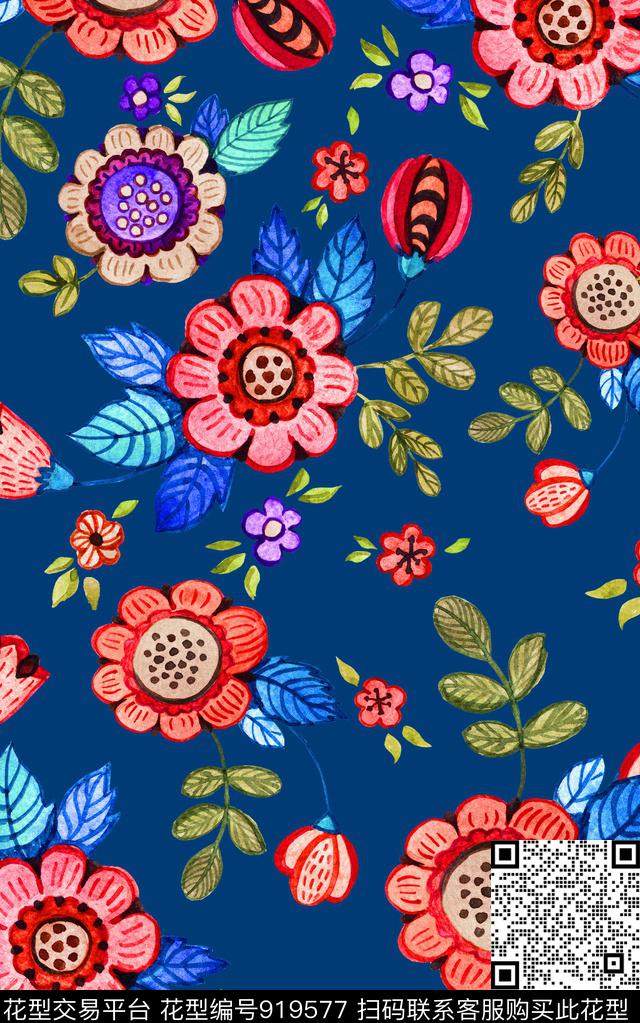 手绘花卉素雅花卉数码印花华亿平台下载（图片编号: 919577） - 瓦栏（Walan）