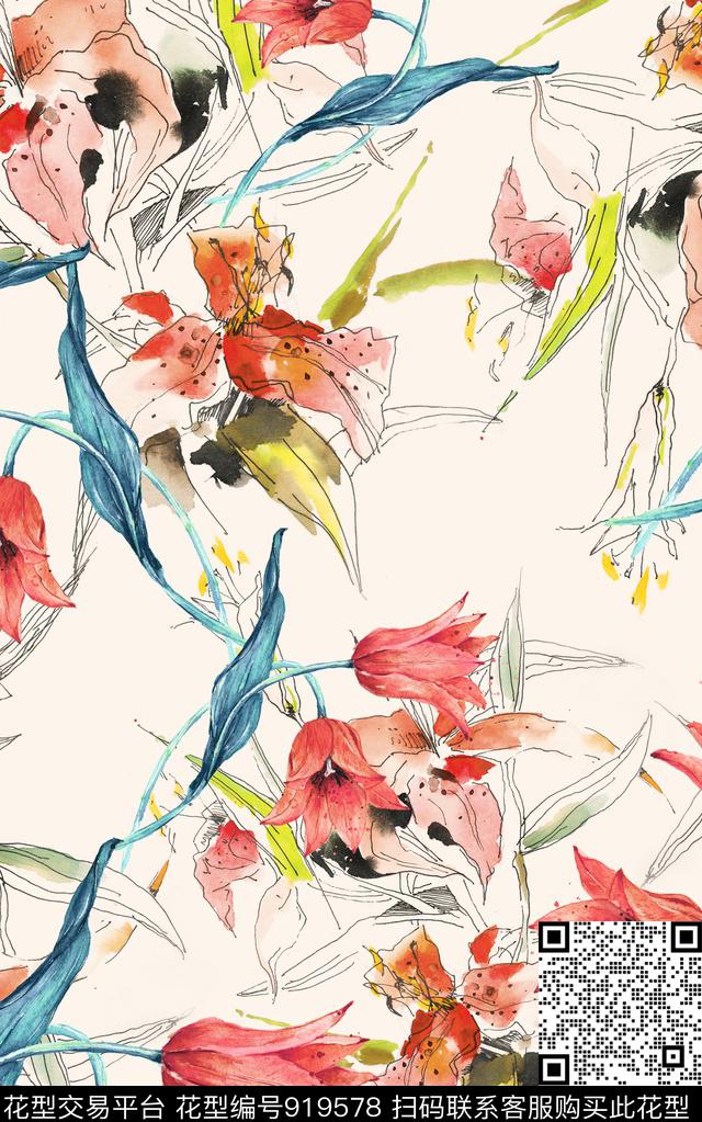 手绘花卉素雅花卉数码印花华亿平台下载（图片编号: 919578） - 瓦栏（Walan）
