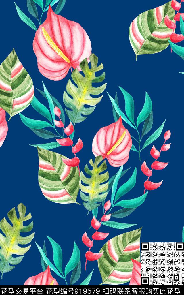 彩底花卉绿植树叶马蹄莲数码印花华亿平台下载（图片编号: 919579） - 瓦栏（Walan）