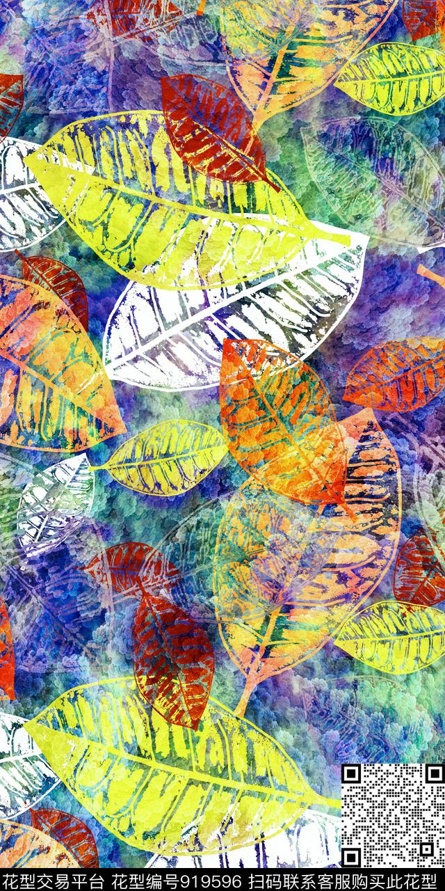 抽象炫彩绿植树叶数码印花华亿平台下载（图片编号: 919596） - 瓦栏（Walan）