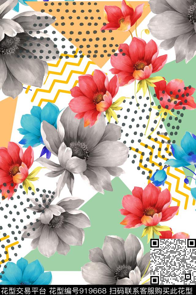 手绘花卉三角形几何数码印花华亿平台下载（图片编号: 919668） - 瓦栏（Walan）