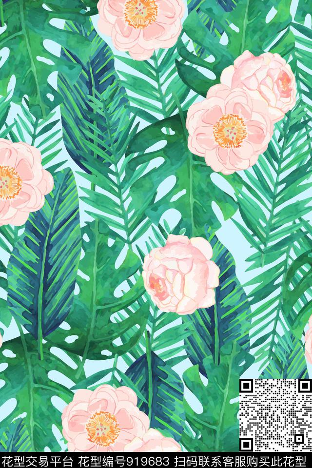 月季花花卉绿植树叶数码印花华亿平台下载（图片编号: 919683） - 瓦栏（Walan）