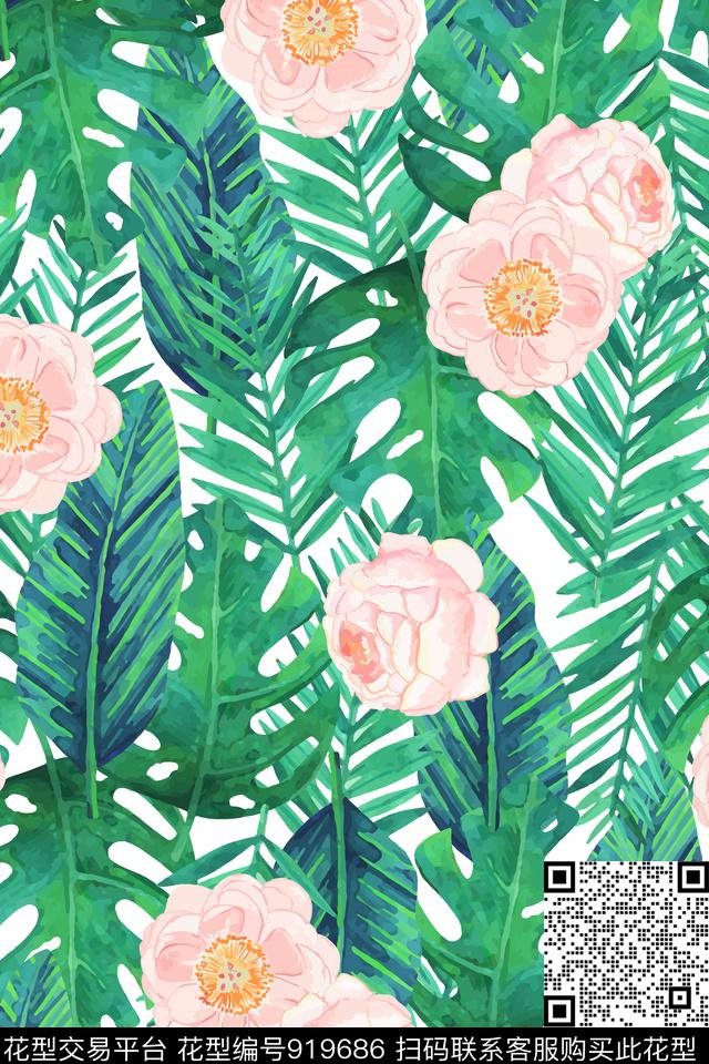 月季花花卉绿植树叶数码印花华亿平台下载（图片编号: 919686） - 瓦栏（Walan）
