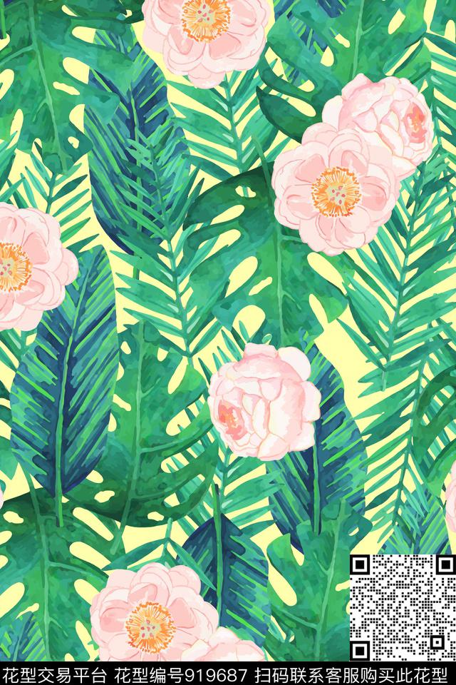 月季花花卉绿植树叶数码印花华亿平台下载（图片编号: 919687） - 瓦栏（Walan）
