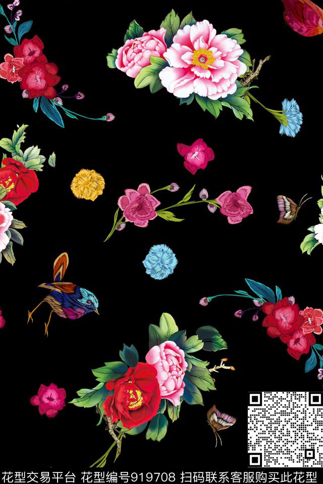 小碎花牡丹花卉数码印花华亿平台下载（图片编号: 919708） - 瓦栏（Walan）