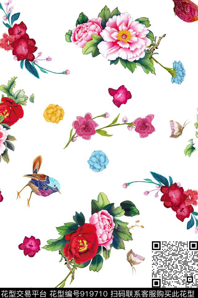 小碎花牡丹花卉数码印花华亿平台下载（图片编号: 919710） - 瓦栏（Walan）