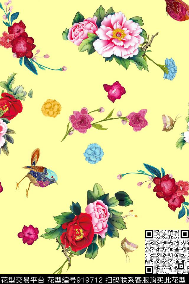 小碎花牡丹花卉数码印花华亿平台下载（图片编号: 919712） - 瓦栏（Walan）