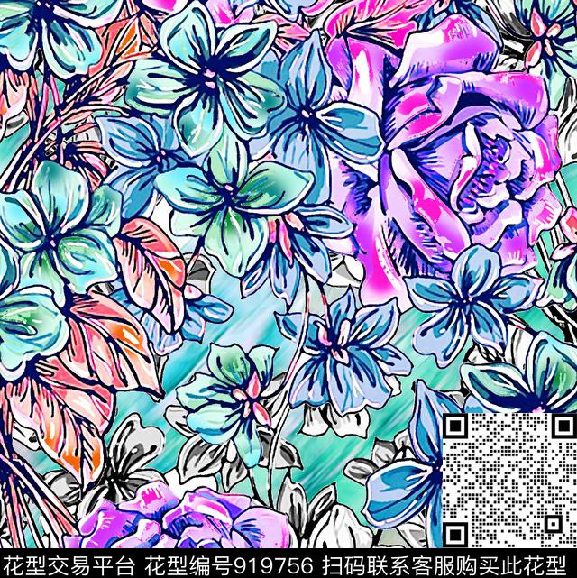 彩底花卉手绘花卉风格化花卉数码印花华亿平台下载（图片编号: 919756） - 瓦栏（Walan）