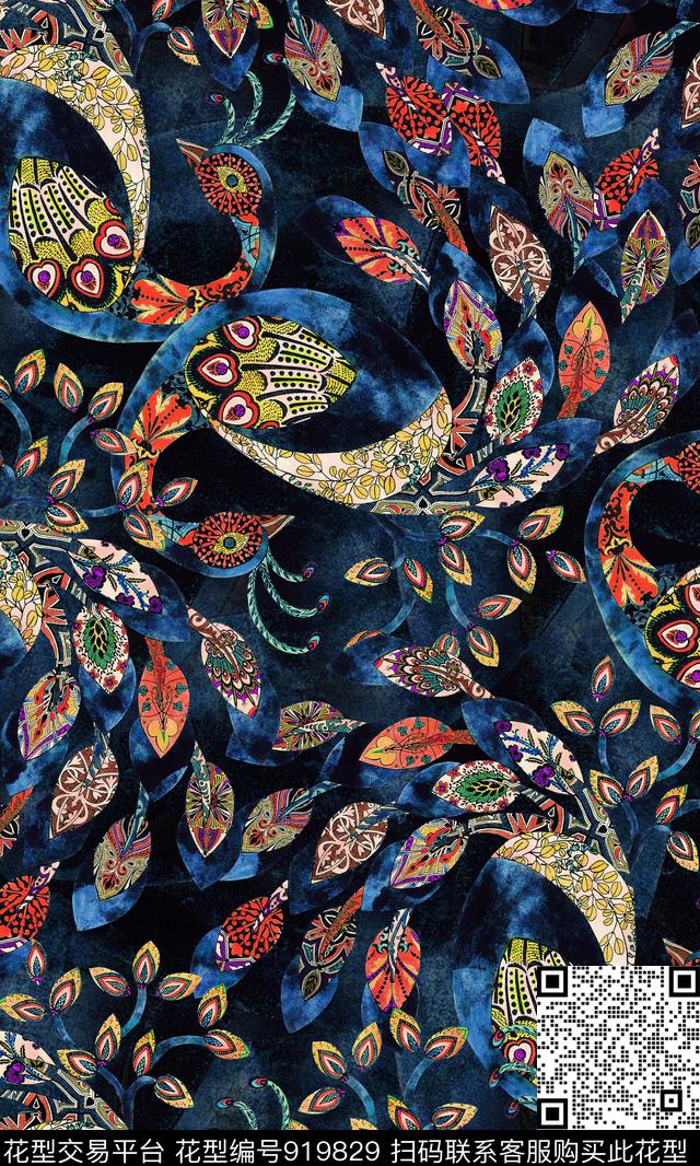孔雀抽象民族风数码印花华亿平台下载（图片编号: 919829） - 瓦栏（Walan）