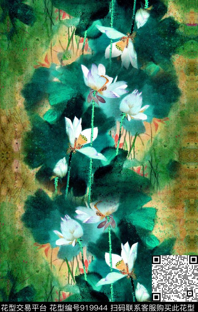 荷花定位花中国风数码印花华亿平台下载（图片编号: 919944） - 瓦栏（Walan）