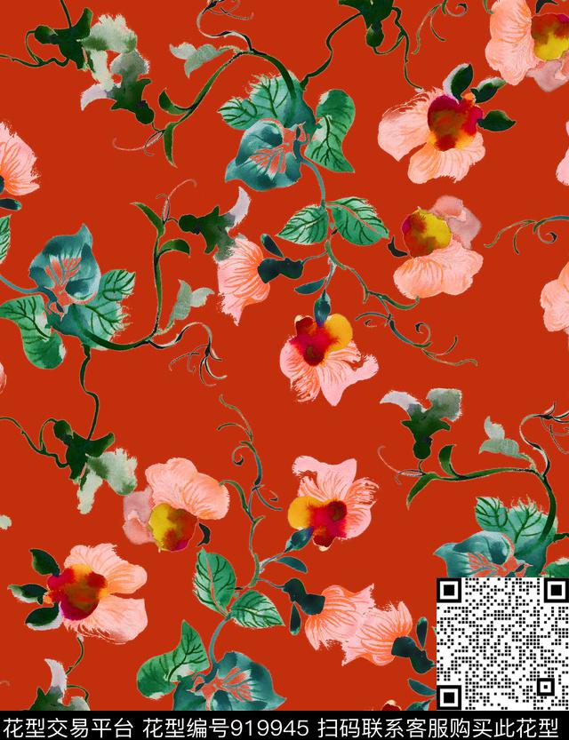 花卉手绘花卉彩底花卉数码印花华亿平台下载（图片编号: 919945） - 瓦栏（Walan）