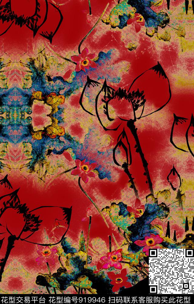花卉荷花水墨风数码印花华亿平台下载（图片编号: 919946） - 瓦栏（Walan）