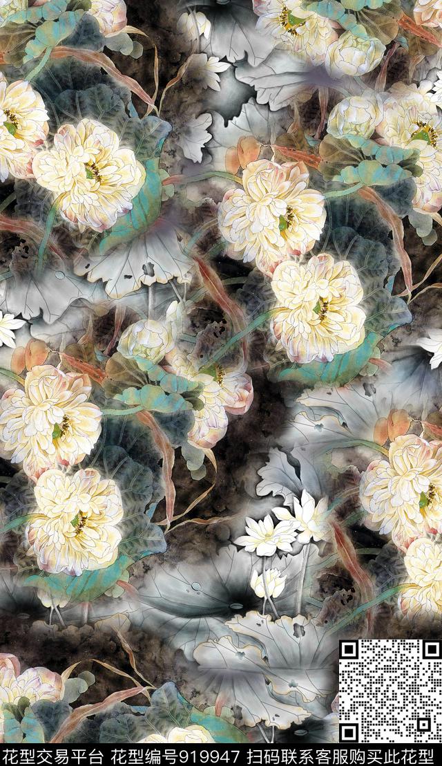 荷花中国风数码印花华亿平台下载（图片编号: 919947） - 瓦栏（Walan）