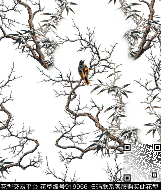 树枝鸟竹子数码印花华亿平台下载（图片编号: 919956） - 瓦栏（Walan）