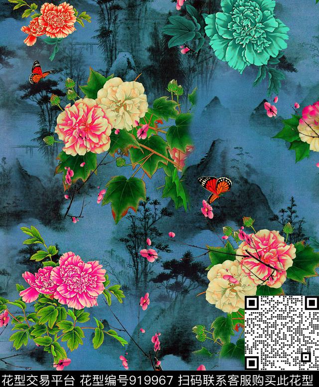 牡丹花卉芙蓉花数码印花华亿平台下载（图片编号: 919967） - 瓦栏（Walan）