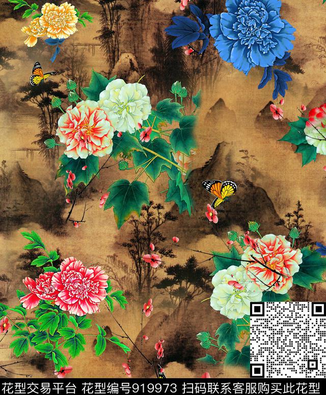 牡丹花卉芙蓉花数码印花华亿平台下载（图片编号: 919973） - 瓦栏（Walan）