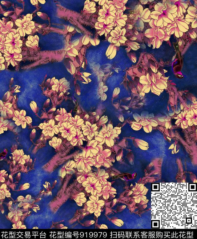 玉兰花花卉满版散花数码印花华亿平台下载（图片编号: 919979） - 瓦栏（Walan）