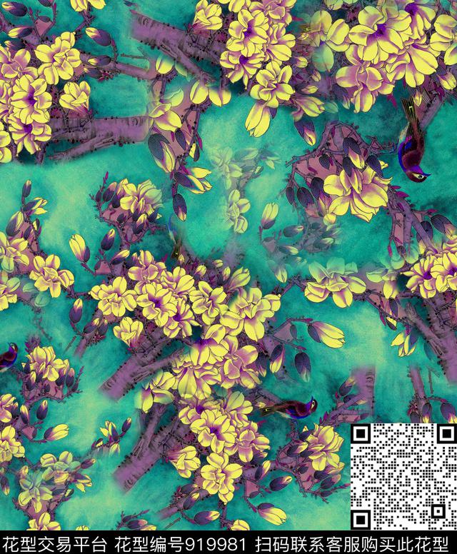 玉兰花花卉满版散花数码印花华亿平台下载（图片编号: 919981） - 瓦栏（Walan）