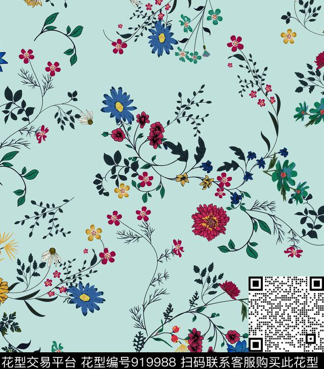 菊花藤蔓植物数码印花华亿平台下载（图片编号: 919988） - 瓦栏（Walan）