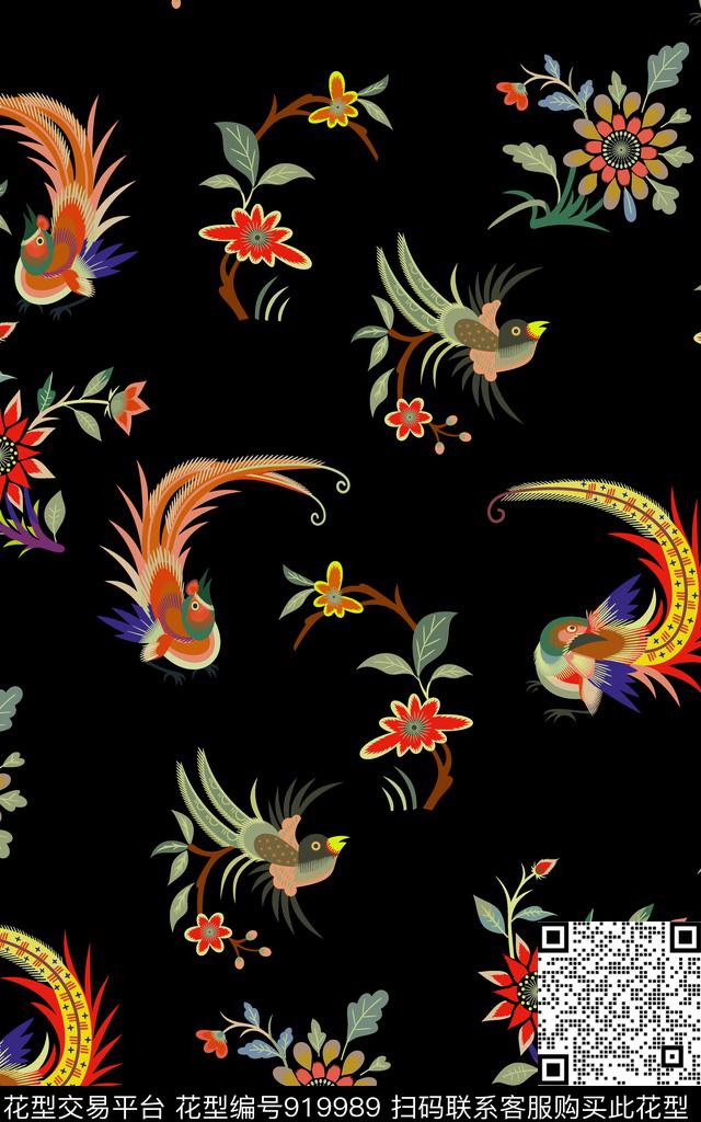 绣花华亿平台黑底花卉民族风传统印花华亿平台下载（图片编号: 919989） - 瓦栏（Walan）