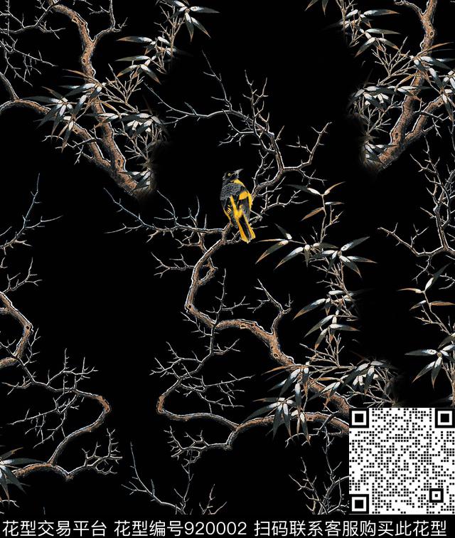 树枝鸟竹子数码印花华亿平台下载（图片编号: 920002） - 瓦栏（Walan）