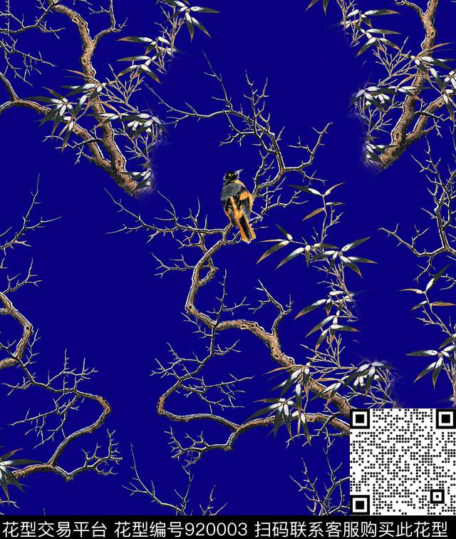 树枝鸟竹子数码印花华亿平台下载（图片编号: 920003） - 瓦栏（Walan）