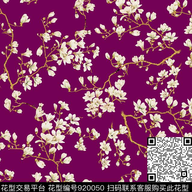 手绘花卉玉兰花花卉数码印花华亿平台下载（图片编号: 920050） - 瓦栏（Walan）