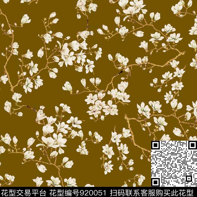 手绘花卉玉兰花花卉数码印花华亿平台下载（图片编号: 920051） - 瓦栏（Walan）