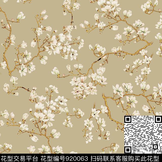 手绘花卉玉兰花花卉数码印花华亿平台下载（图片编号: 920063） - 瓦栏（Walan）
