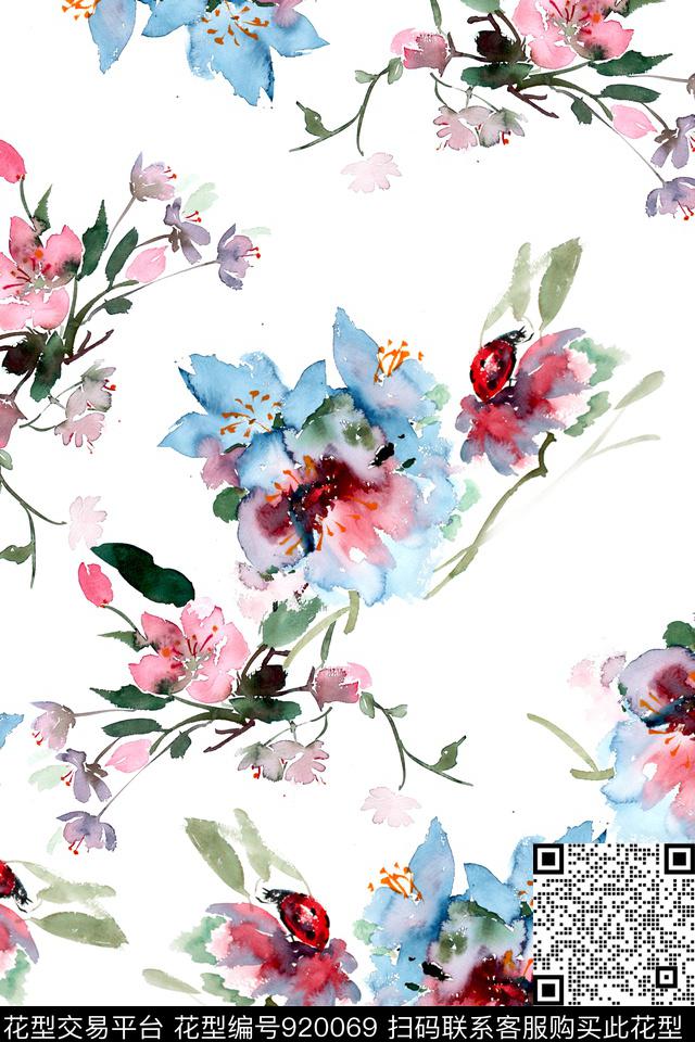 手绘花卉绘画素雅数码印花华亿平台下载（图片编号: 920069） - 瓦栏（Walan）