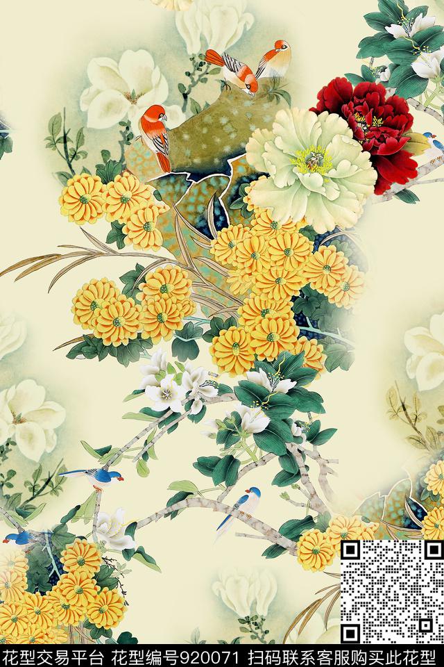 菊花牡丹中国风数码印花华亿平台下载（图片编号: 920071） - 瓦栏（Walan）