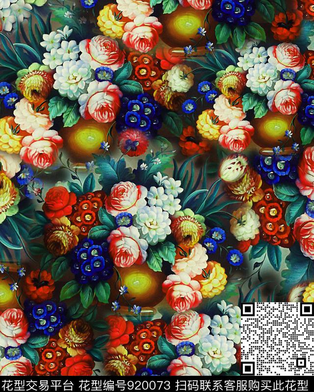 香云纱花卉油画华亿平台数码印花华亿平台下载（图片编号: 920073） - 瓦栏（Walan）