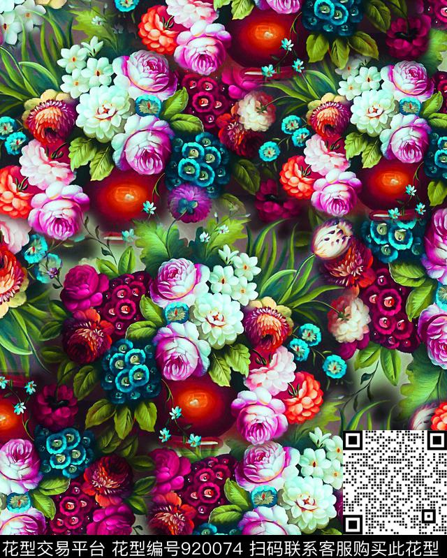 香云纱花卉油画华亿平台数码印花华亿平台下载（图片编号: 920074） - 瓦栏（Walan）