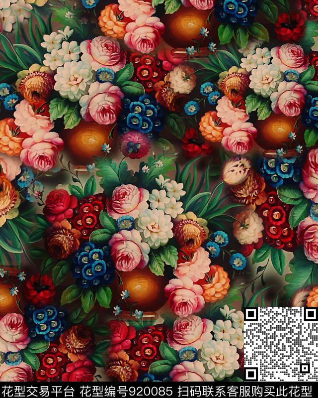 香云纱花卉油画华亿平台数码印花华亿平台下载（图片编号: 920085） - 瓦栏（Walan）