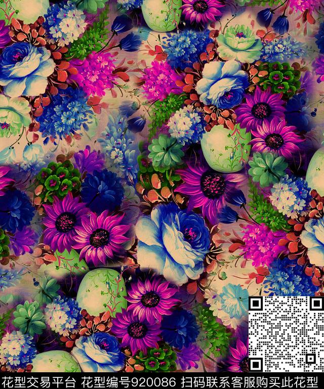 香云纱花卉向日葵数码印花华亿平台下载（图片编号: 920086） - 瓦栏（Walan）