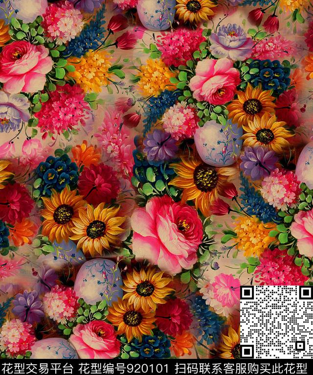 香云纱花卉向日葵数码印花华亿平台下载（图片编号: 920101） - 瓦栏（Walan）