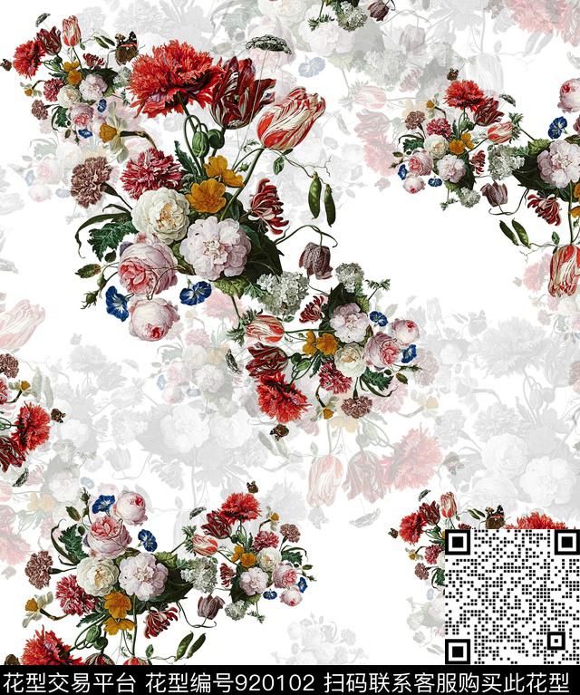 月季花郁金香花卉数码印花华亿平台下载（图片编号: 920102） - 瓦栏（Walan）