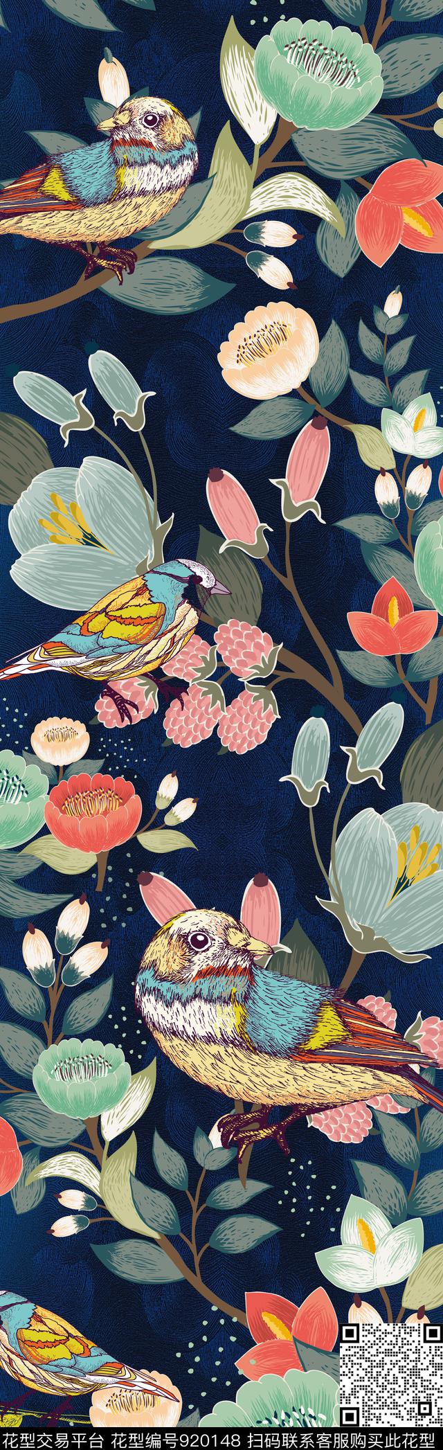 长巾花卉鸟传统印花华亿平台下载（图片编号: 920148） - 瓦栏（Walan）