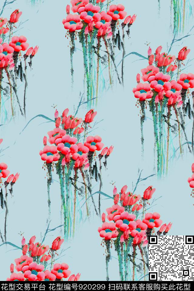 花卉杭州水墨风数码印花华亿平台下载（图片编号: 920299） - 瓦栏（Walan）