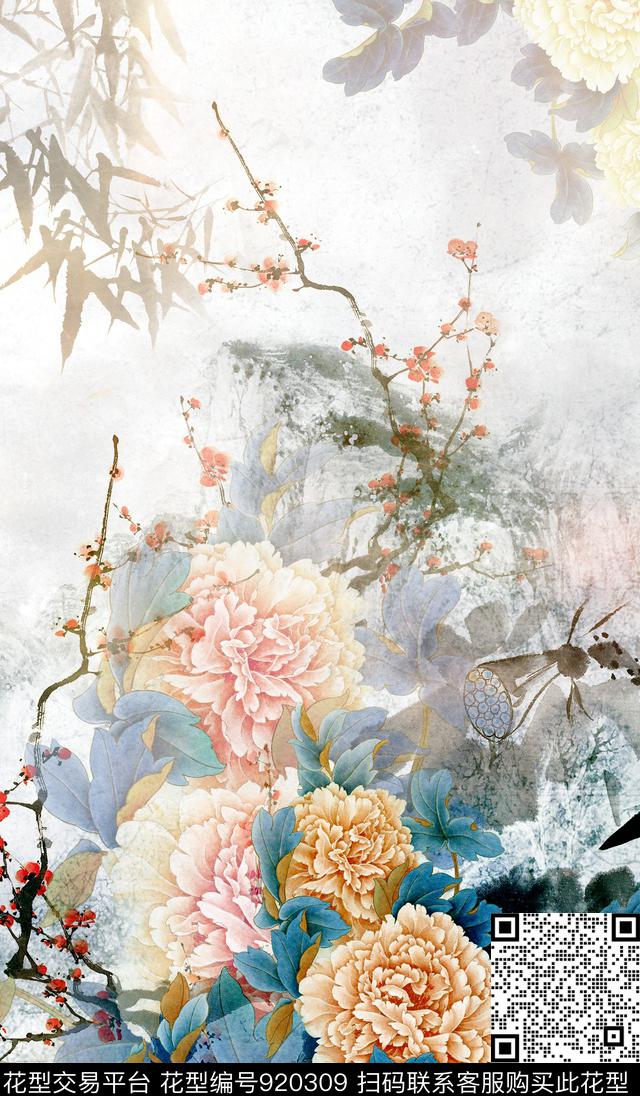 梅花中国风定位花牡丹数码印花华亿平台下载（图片编号: 920309） - 瓦栏（Walan）