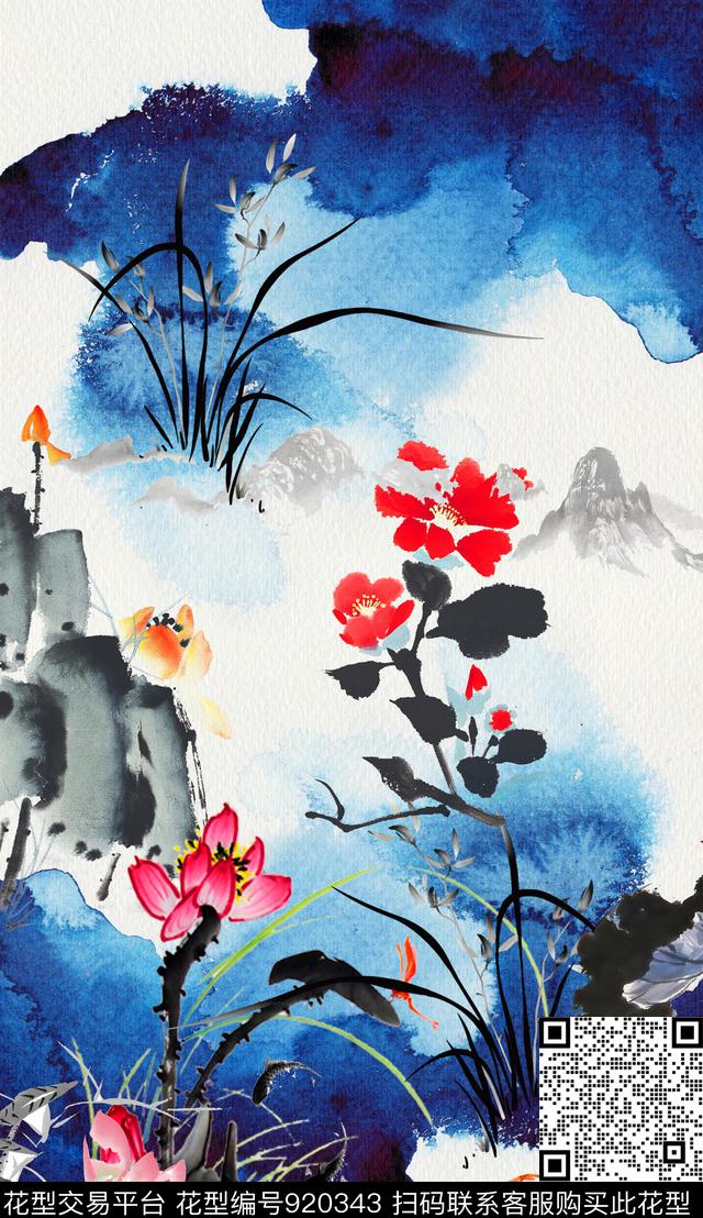 水墨风抽象中国风数码印花华亿平台下载（图片编号: 920343） - 瓦栏（Walan）