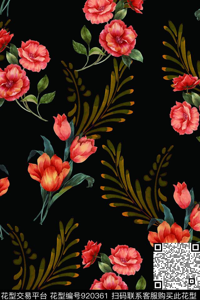 黑底花卉手绘花卉郁金香数码印花华亿平台下载（图片编号: 920361） - 瓦栏（Walan）
