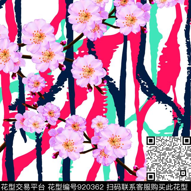 抽象花卉手绘桃花数码花卉数码印花华亿平台下载（图片编号: 920362） - 瓦栏（Walan）