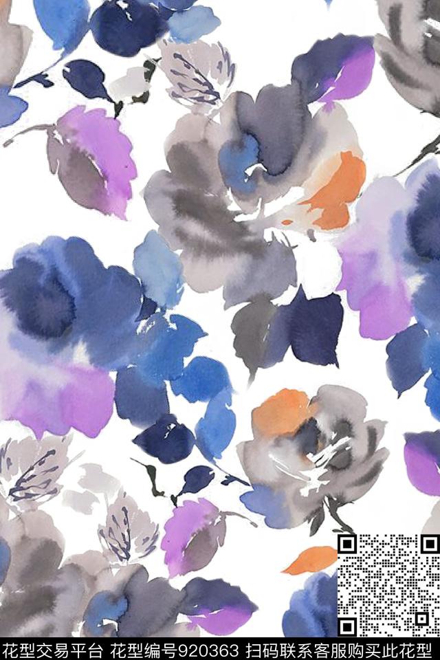 水彩花卉大牌风写意花卉数码印花华亿平台下载（图片编号: 920363） - 瓦栏（Walan）
