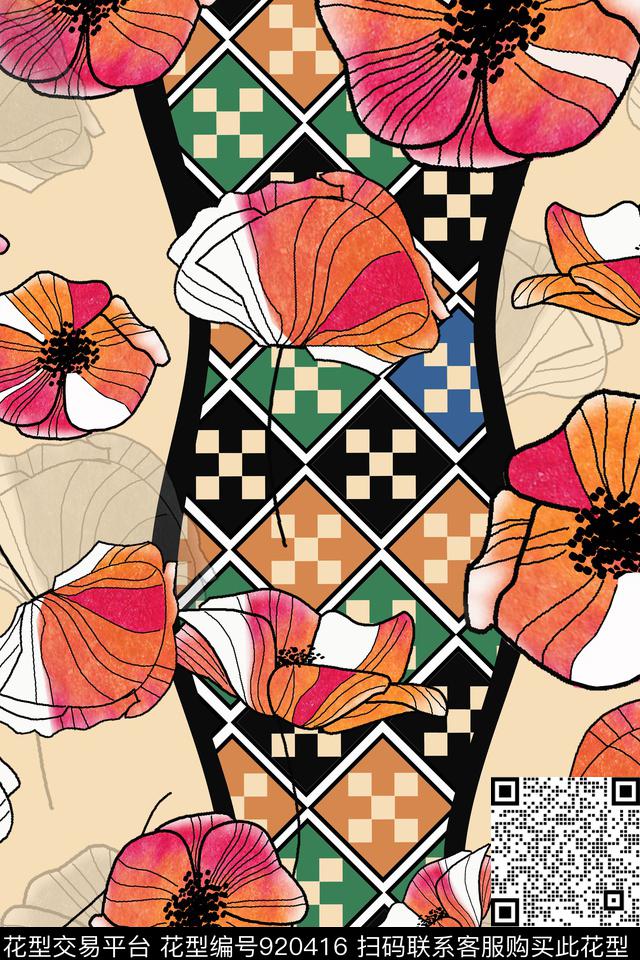 几何手绘大花创意数码印花华亿平台下载（图片编号: 920416） - 瓦栏（Walan）