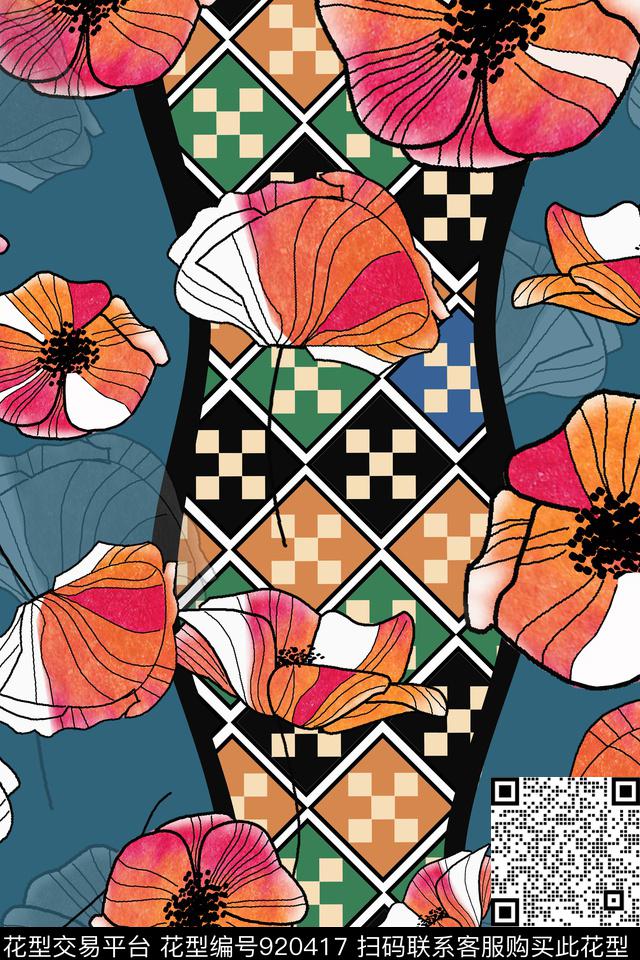 几何手绘大花创意数码印花华亿平台下载（图片编号: 920417） - 瓦栏（Walan）