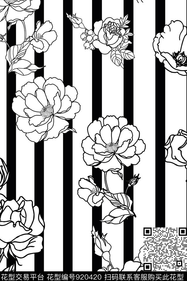 黑白华亿平台黑白条纹花卉传统印花华亿平台下载（图片编号: 920420） - 瓦栏（Walan）