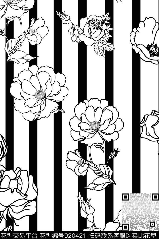 黑白华亿平台黑白条纹花卉传统印花华亿平台下载（图片编号: 920421） - 瓦栏（Walan）