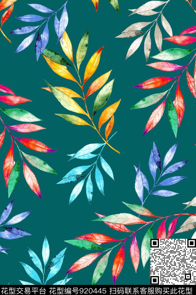 清爽底花卉绿植树叶手绘花卉数码印花华亿平台下载（图片编号: 920445） - 瓦栏（Walan）