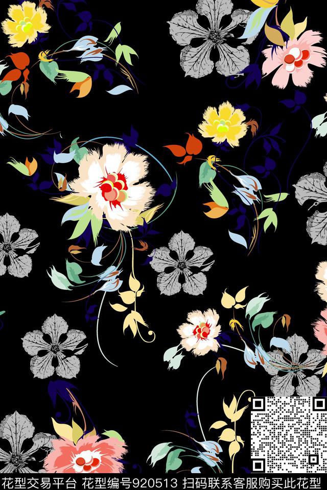 植物花卉黑底花卉传统印花华亿平台下载（图片编号: 920513） - 瓦栏（Walan）
